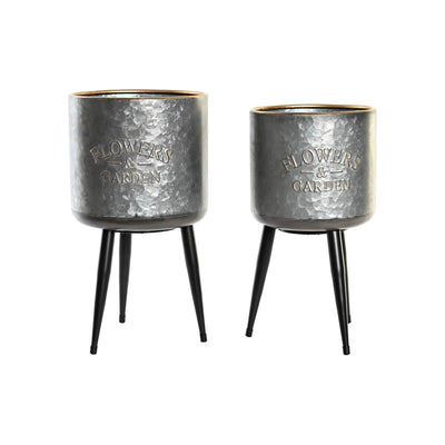 DKD Home Decor Black Metallic Grey Metal Loft Flower Pot Set 25 x 25 x 46 cm